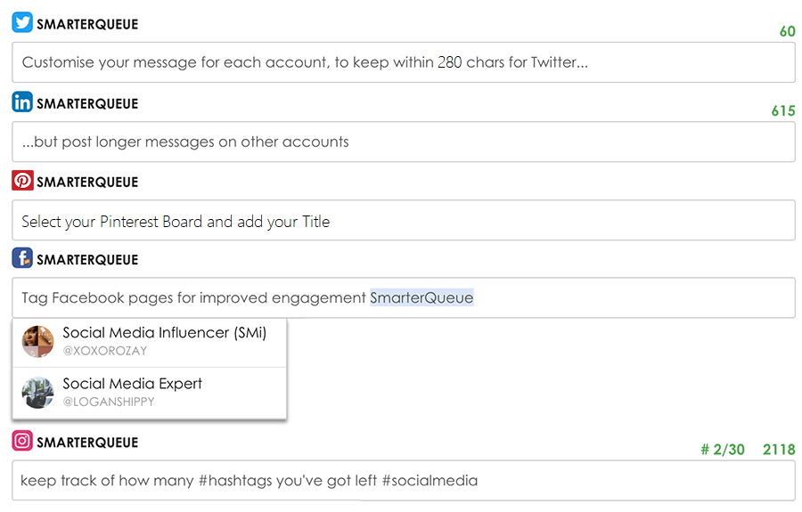 Hootsuite shares the same post to every network, while SmarterQueue lets you customise the content for each profile